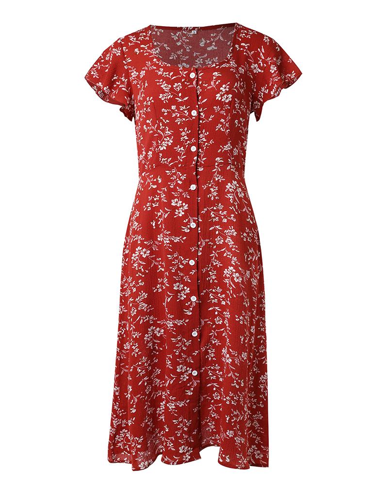 Ditsy Floral Print Slit Casual Dress