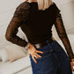 Metallic Sheer Mesh Puff Sleeve Ribbed Top