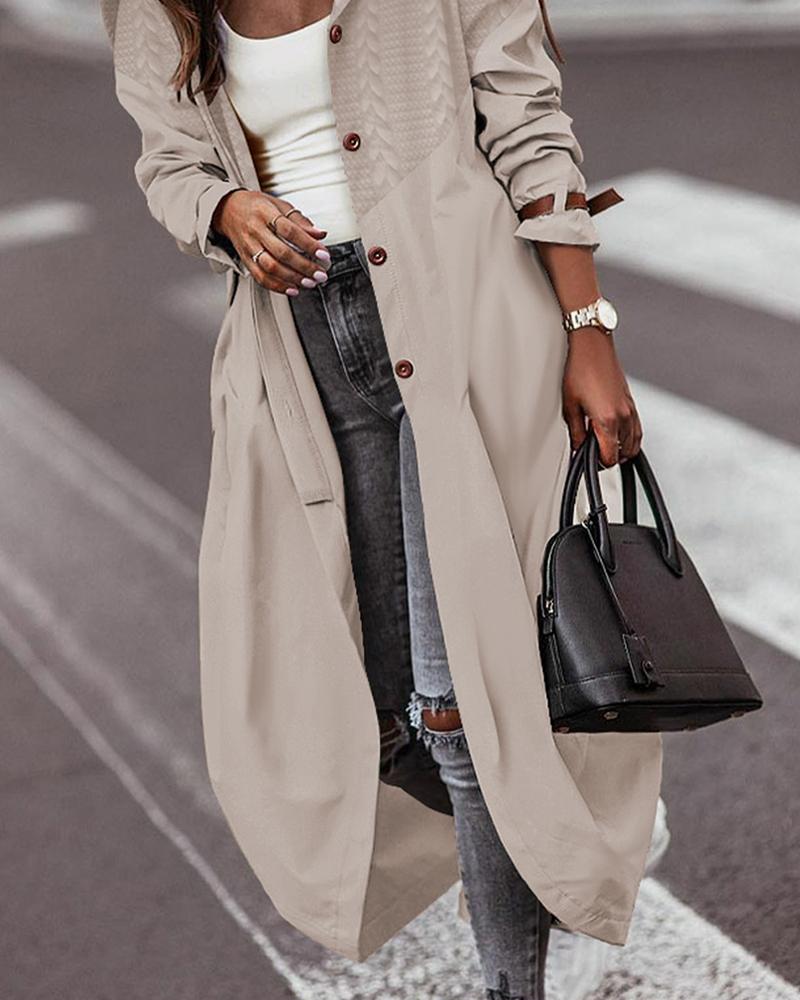 Buttoned Wheat Textured Cargo Trench Coat