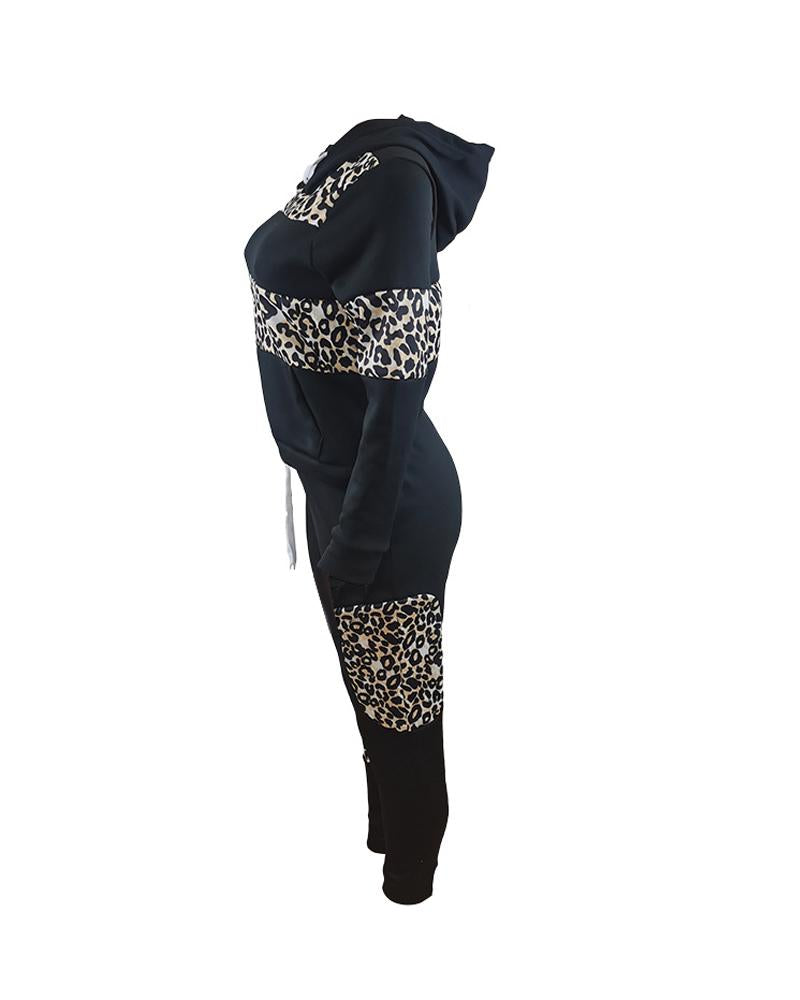 Plus Size Leopard Print Long Sleeve Hoodie & Pants Set