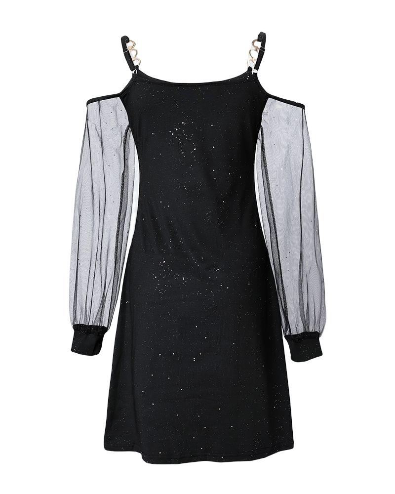 Glitter Contrast Mesh Cold Shoulder Casual Dress