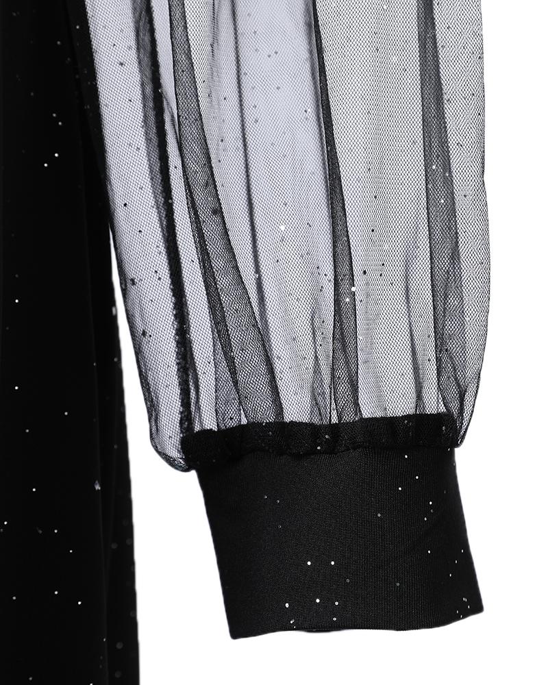 Glitter Contrast Mesh Cold Shoulder Casual Dress