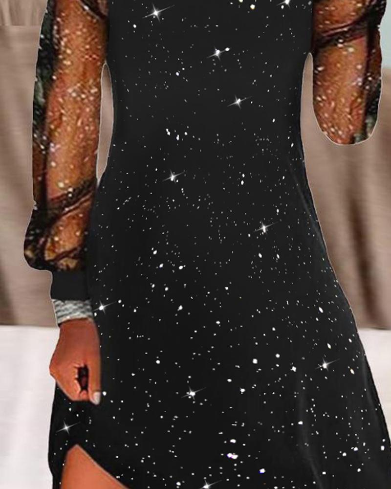 Glitter Contrast Mesh Cold Shoulder Casual Dress