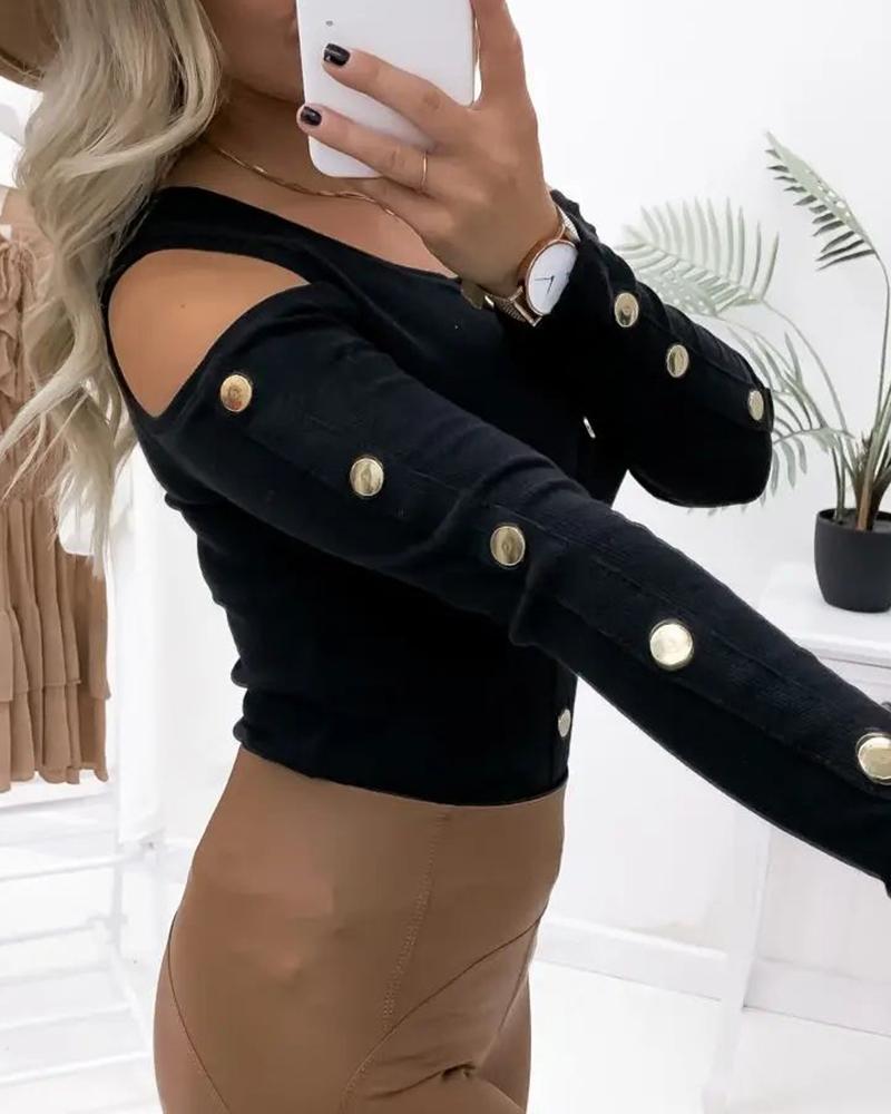 Cold Shoulder Buttoned Long Sleeve Top