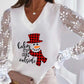 Christmas Snowman Print Contrast Lace Long Sleeve Top