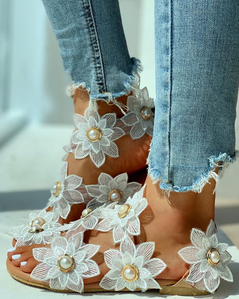 Toe Ring Flower Design Flat Sandals