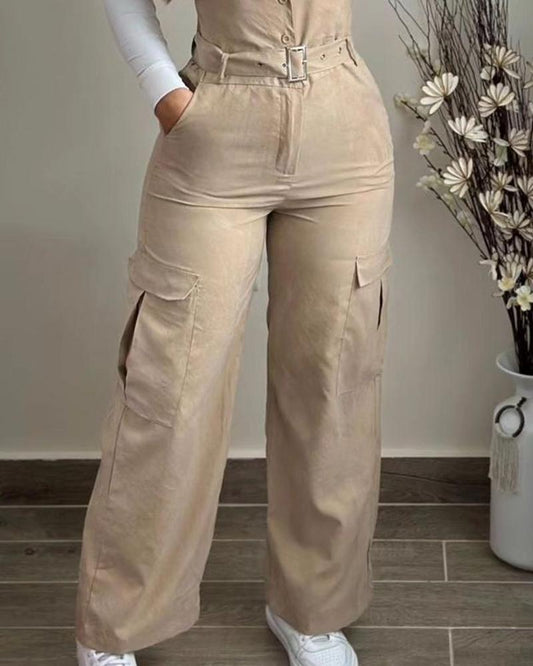 Pocket Design Buckled Buttoned Suspender Jumpsuit