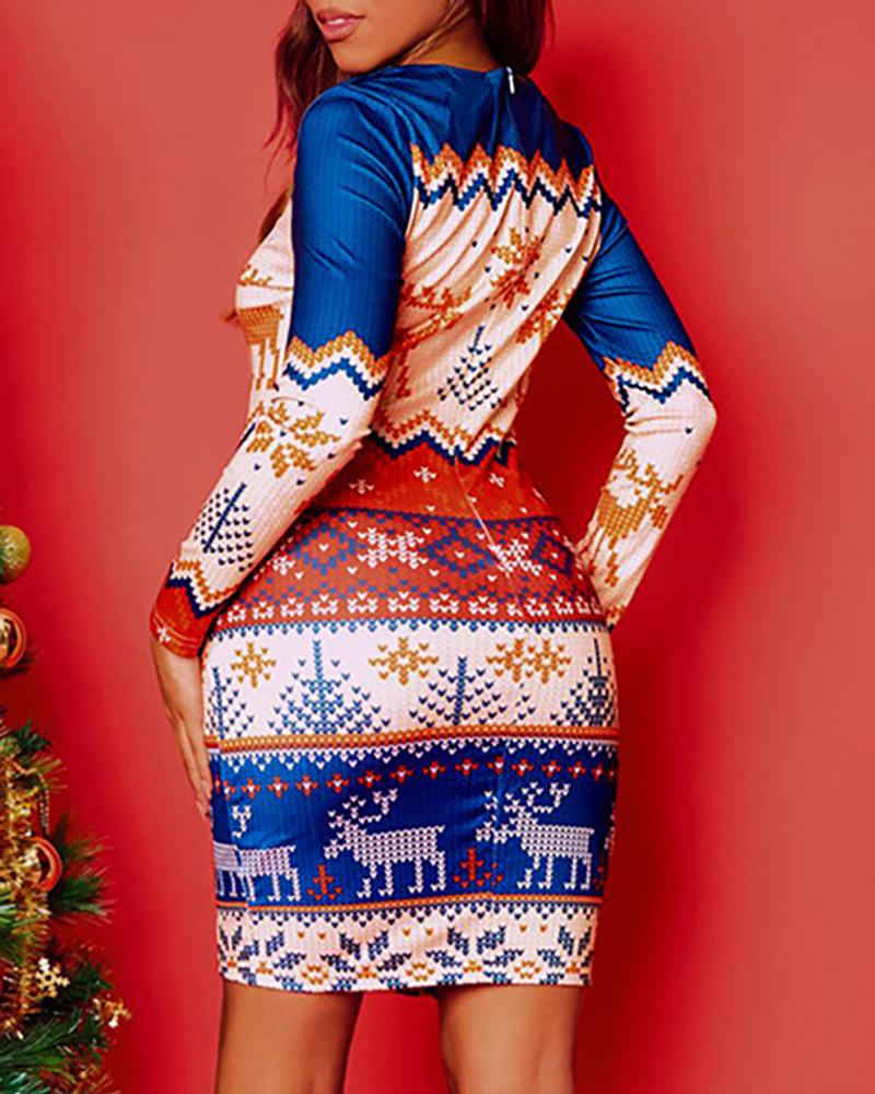 Christmas Print Long Sleeve Bodycon Dress
