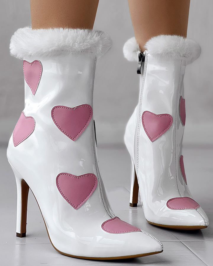 Christmas Fuzzy Detail Star Heart Pattern Lined Ankle Boots