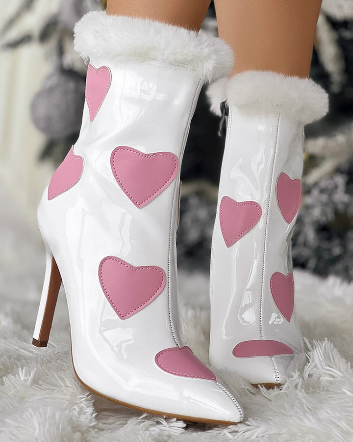 Christmas Fuzzy Detail Star Heart Pattern Lined Ankle Boots