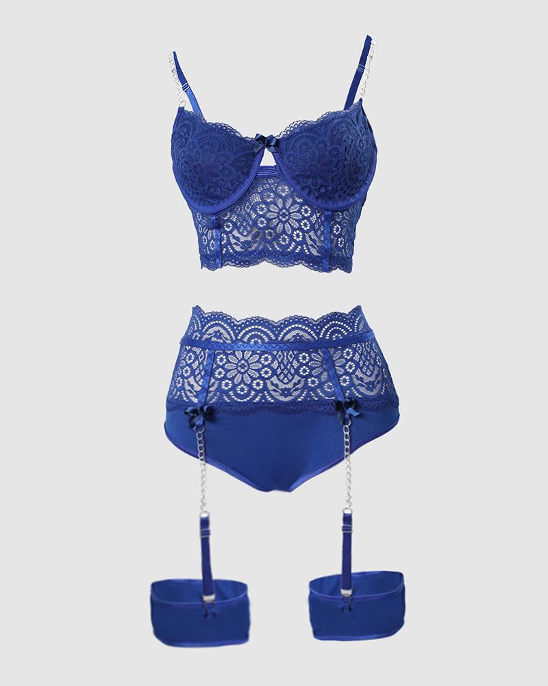 Bow Chain Decor Lace Garter Lingerie Set