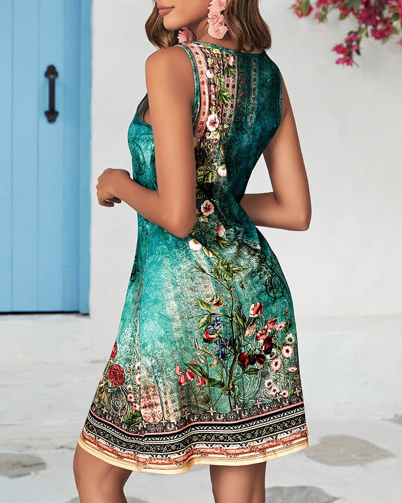 Tribal Floral Print Notch Neck Casual Dress