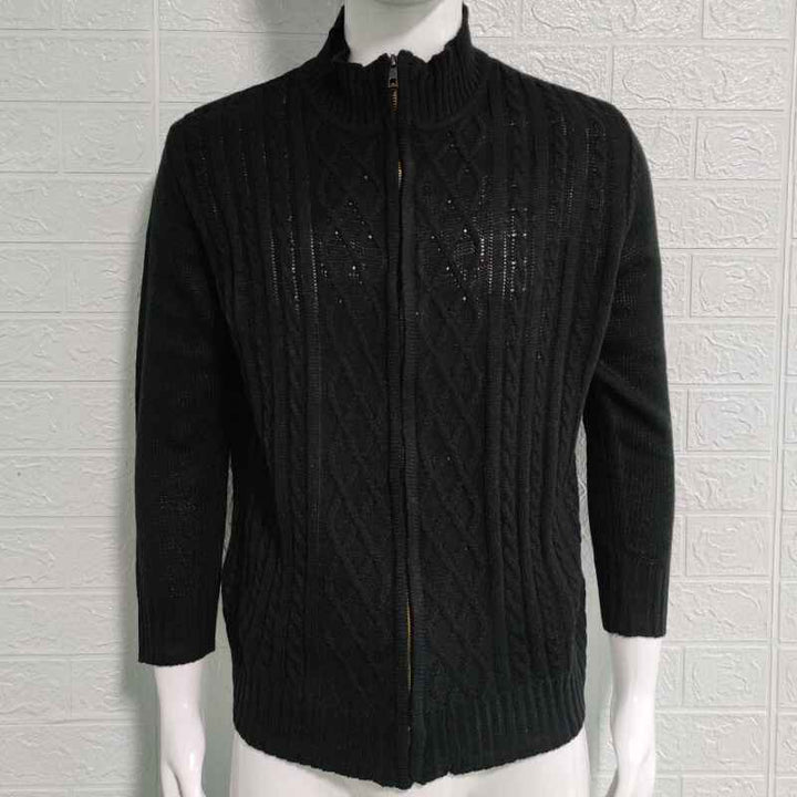 black-Mens-Casual-Stand-Collar-Cable-Knitted-Zip-Cardigan-Sweater-Jacket