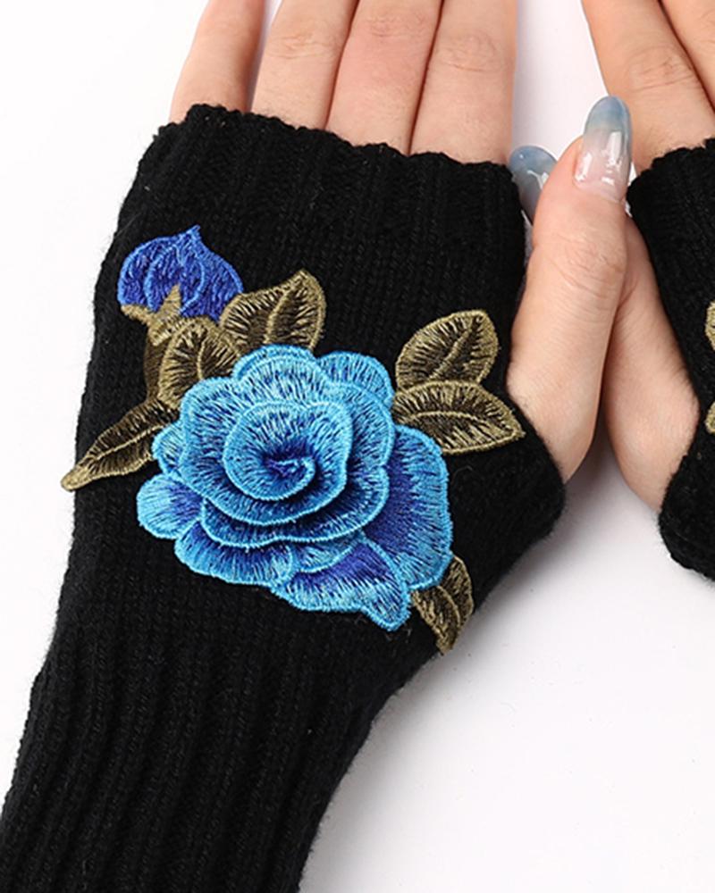 1Pair Floral Embroidery Fingerless Winter Knit Warm Gloves
