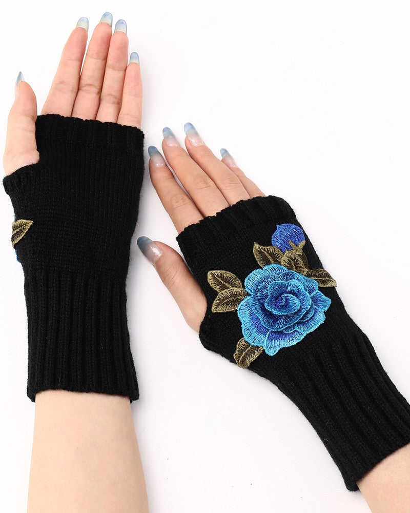 1Pair Floral Embroidery Fingerless Winter Knit Warm Gloves
