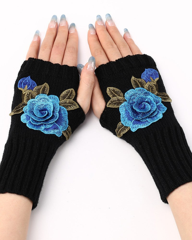 1Pair Floral Embroidery Fingerless Winter Knit Warm Gloves
