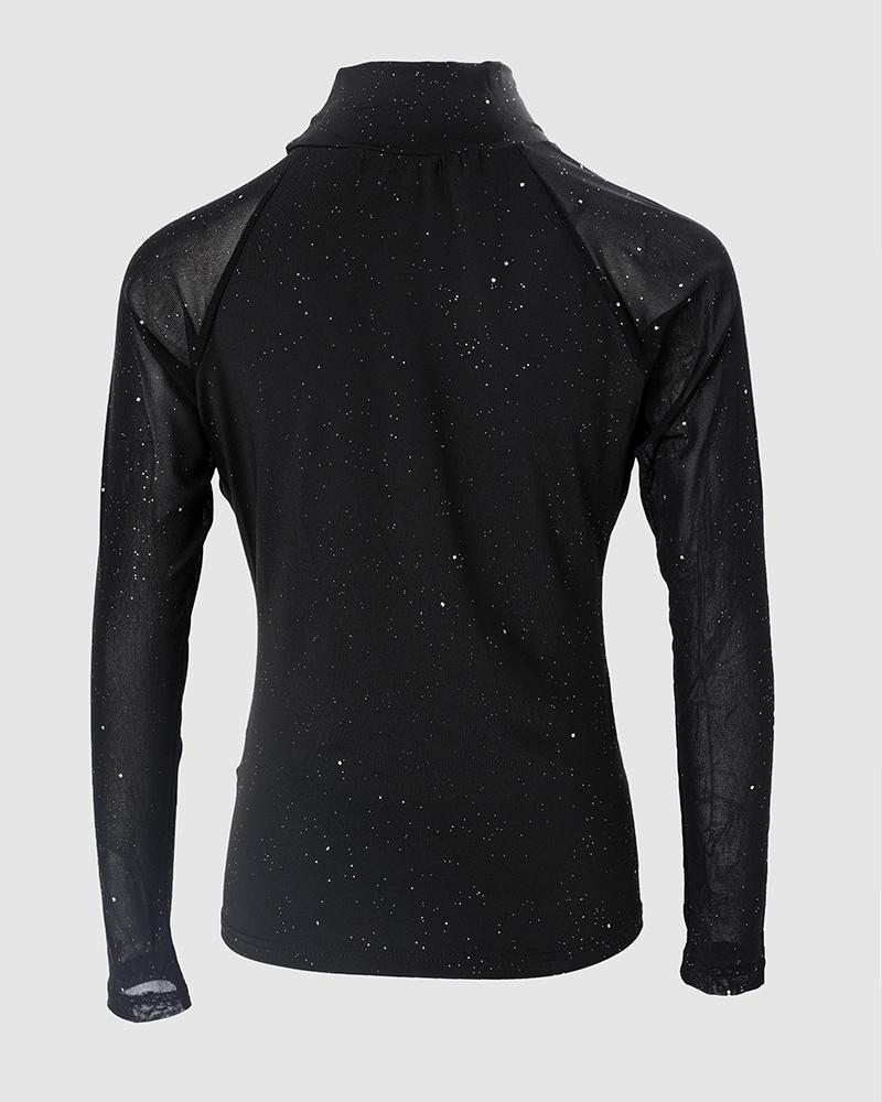 Glitter Sheer Mesh Long Sleeve High Neck Top