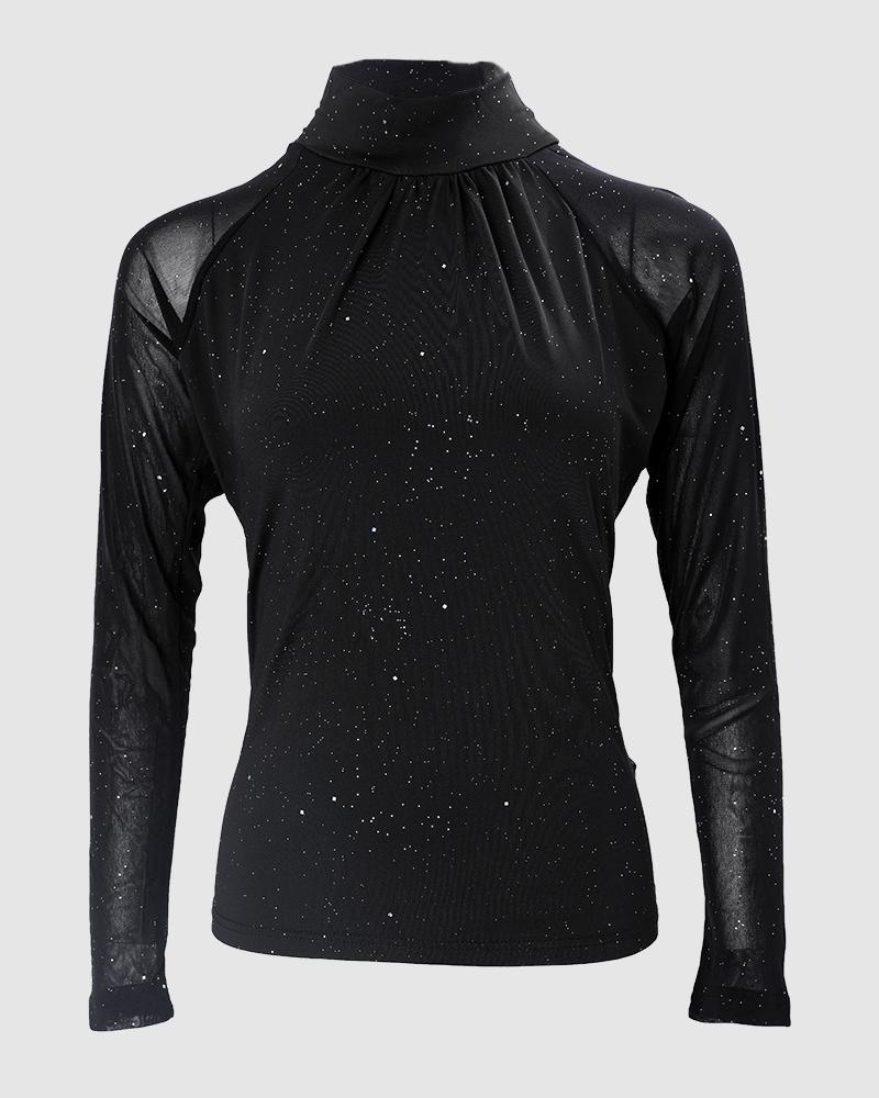 Glitter Sheer Mesh Long Sleeve High Neck Top