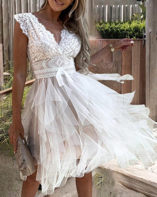 Lace Patch Sheer Mesh Sleeveless Party Dress