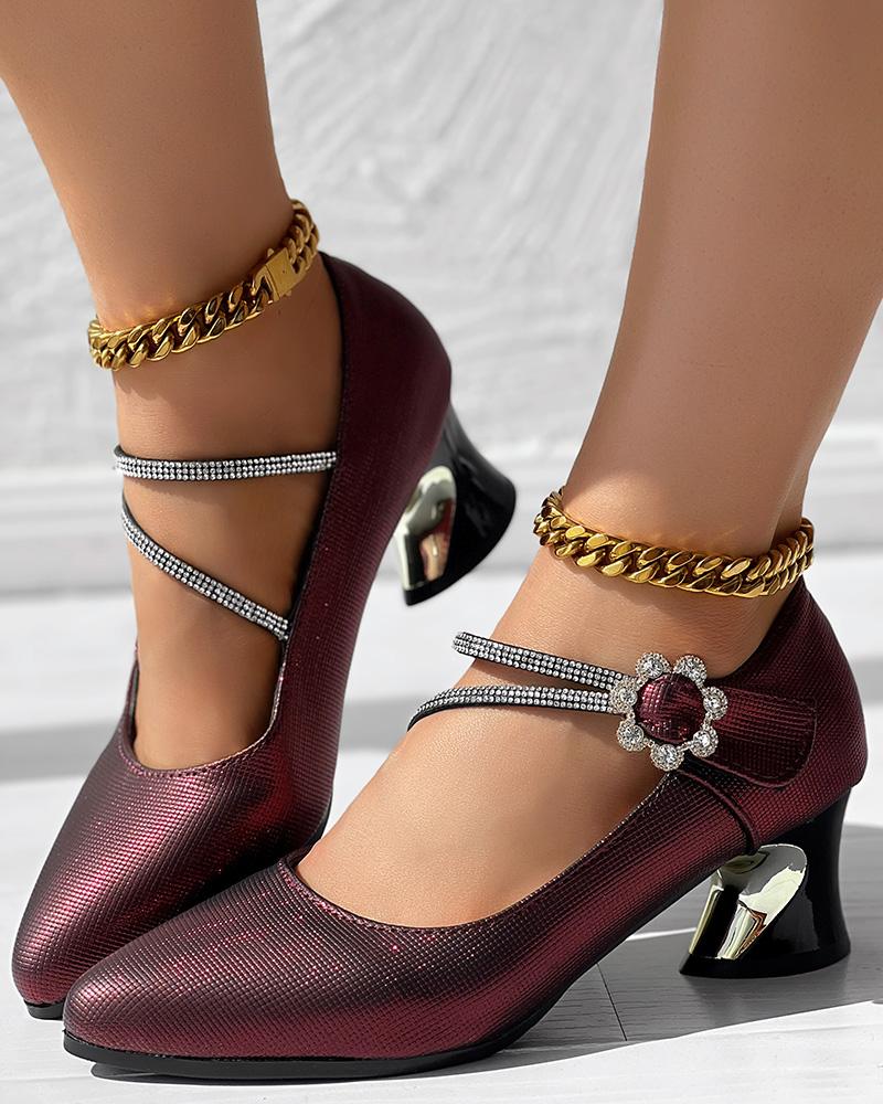 Rhinestone Decor Floral Buckle Chunky Pumps