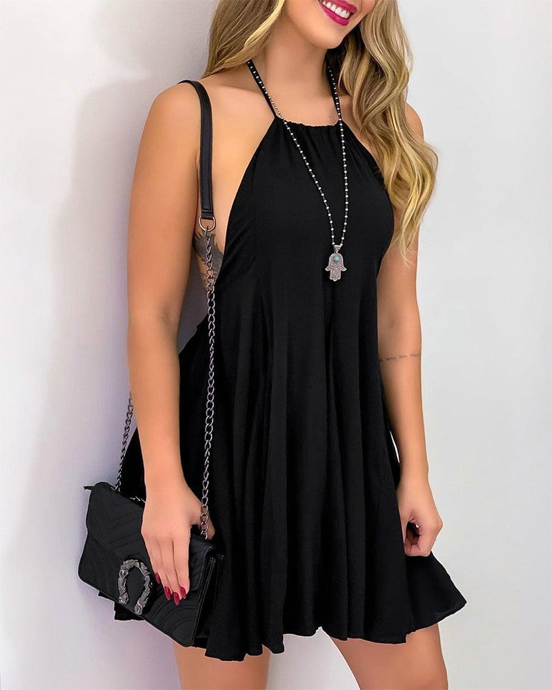 Solid Color Halter Sleeveless Mini Dress