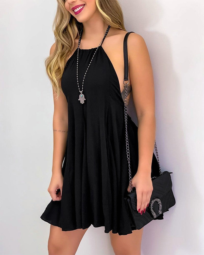 Solid Color Halter Sleeveless Mini Dress
