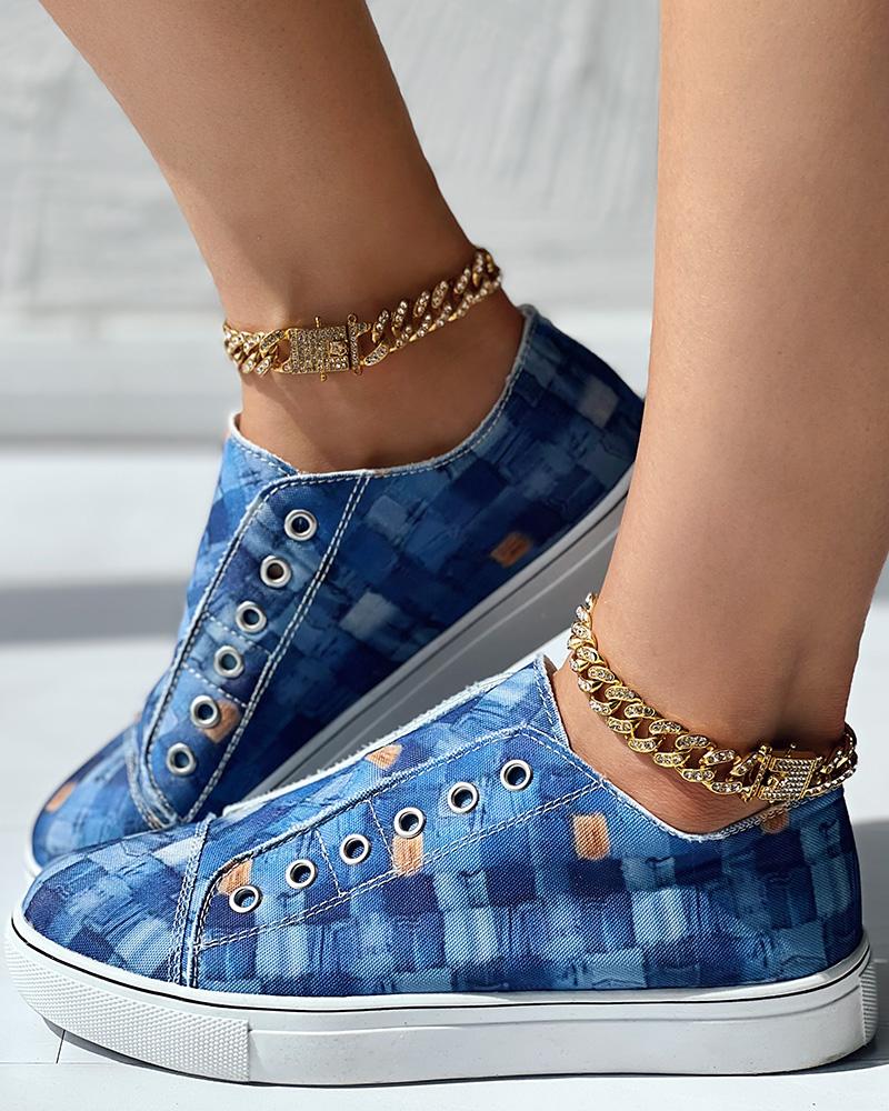 Denim Look Print Slip on Eyelet Sneakers