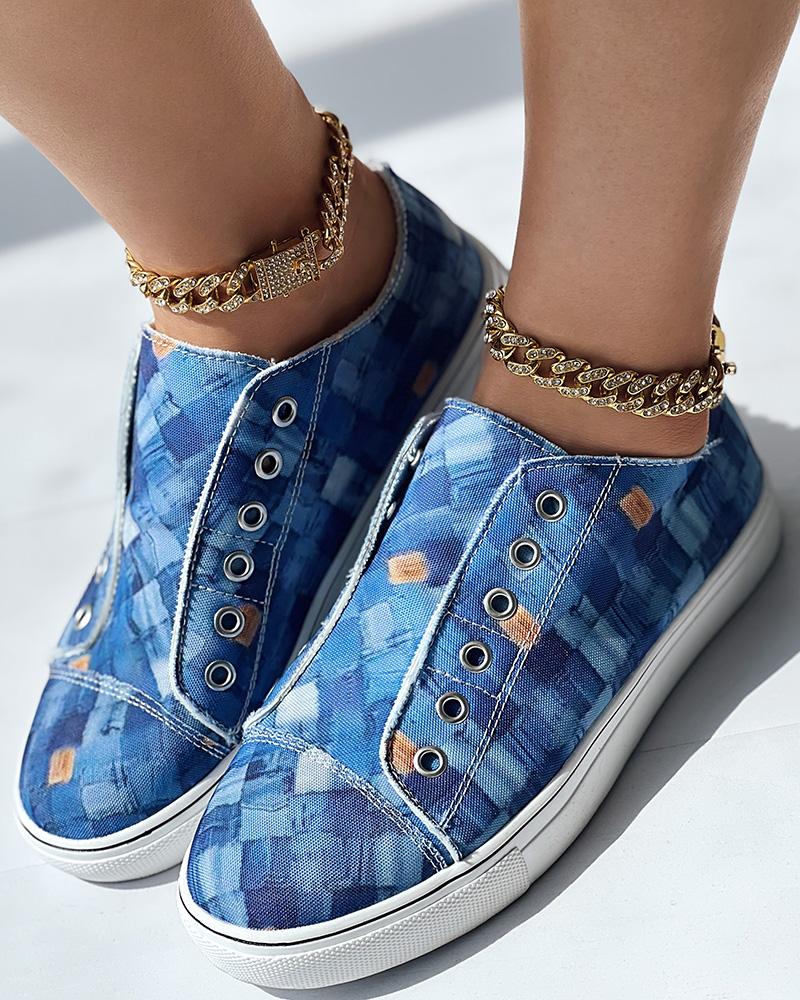 Denim Look Print Slip on Eyelet Sneakers