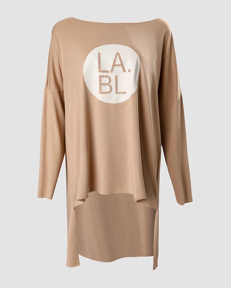 Letter Print High Low Hem Long Sleeve Top