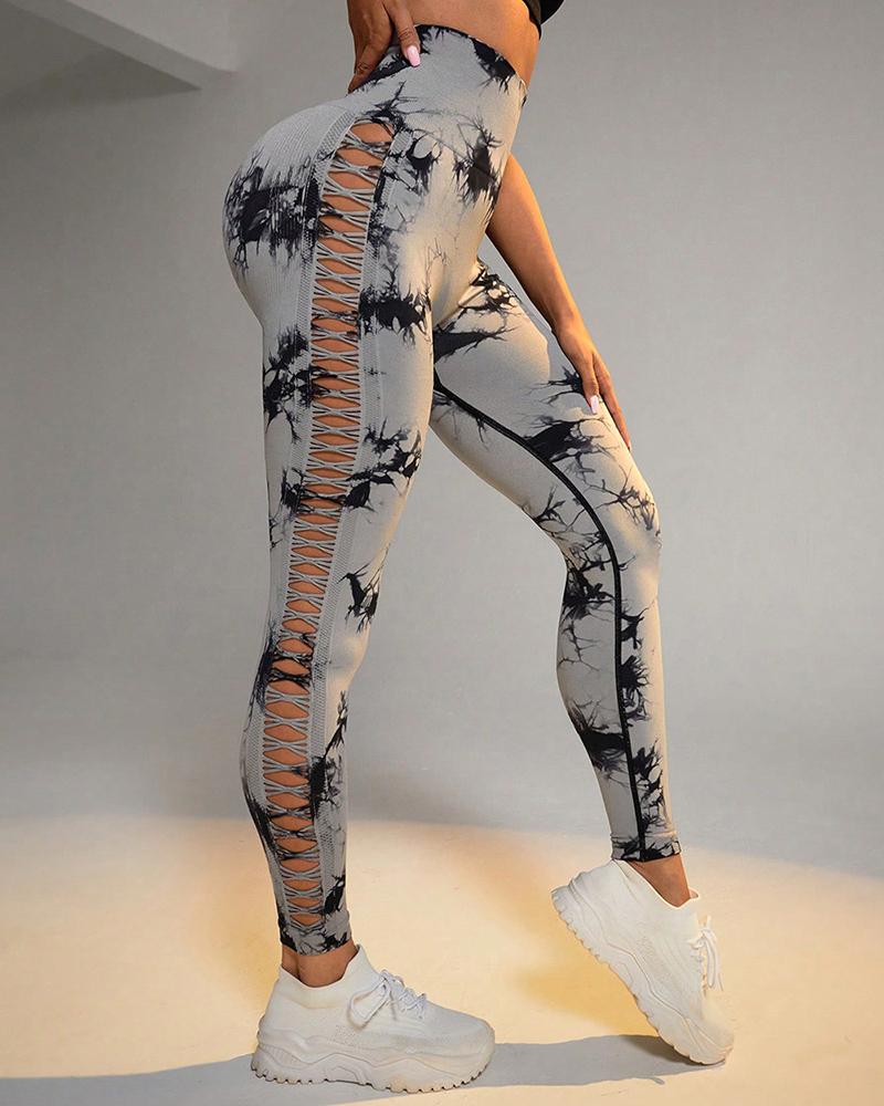 Tie Dye Print Ladder Cutout Sports Yoga Leggings