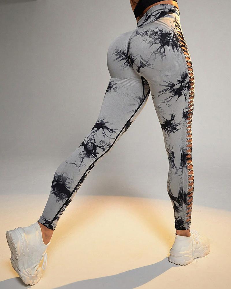 Tie Dye Print Ladder Cutout Sports Yoga Leggings