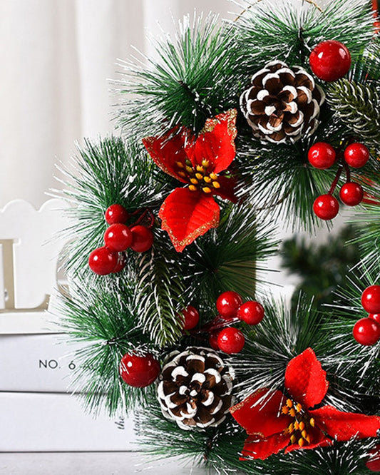 1pc Christmas Wreath Artificial Red Berries Pine Cones Snowy Pine Needles Wreath Garland Christmas Ornaments Front Door Window Home Decor