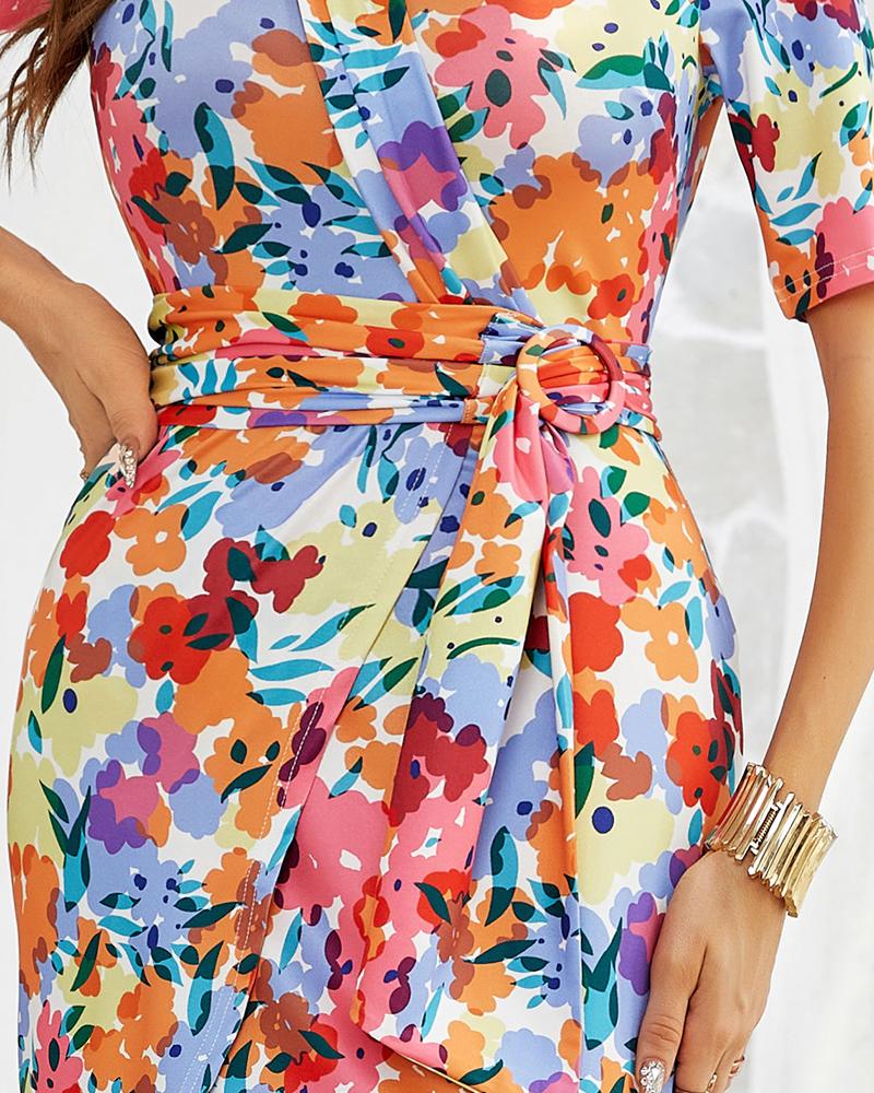 Floral Print Buckled Ruched Slit Dress