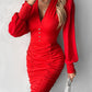 Contrast Mesh Puff Sleeve Ruched Bodycon Dress