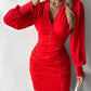 Contrast Mesh Puff Sleeve Ruched Bodycon Dress