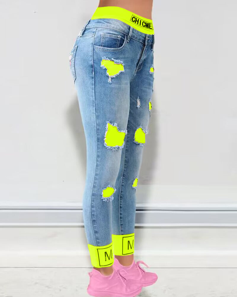 ChicMe Fake Two Piece Patchwork Cutout Ripped Jeans