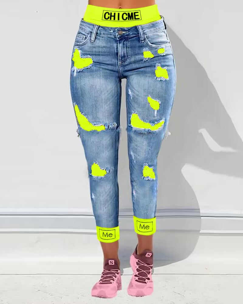 ChicMe Fake Two Piece Patchwork Cutout Ripped Jeans