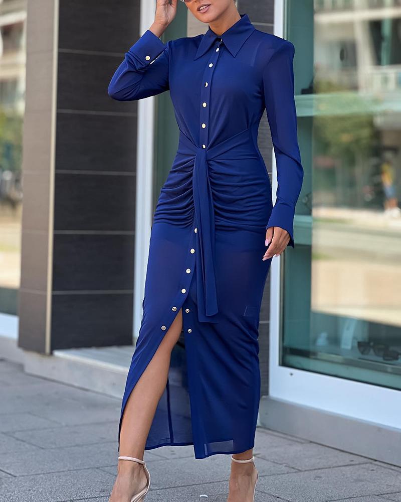 Buttoned Tied Detail Ruched Long Sleeve Dress