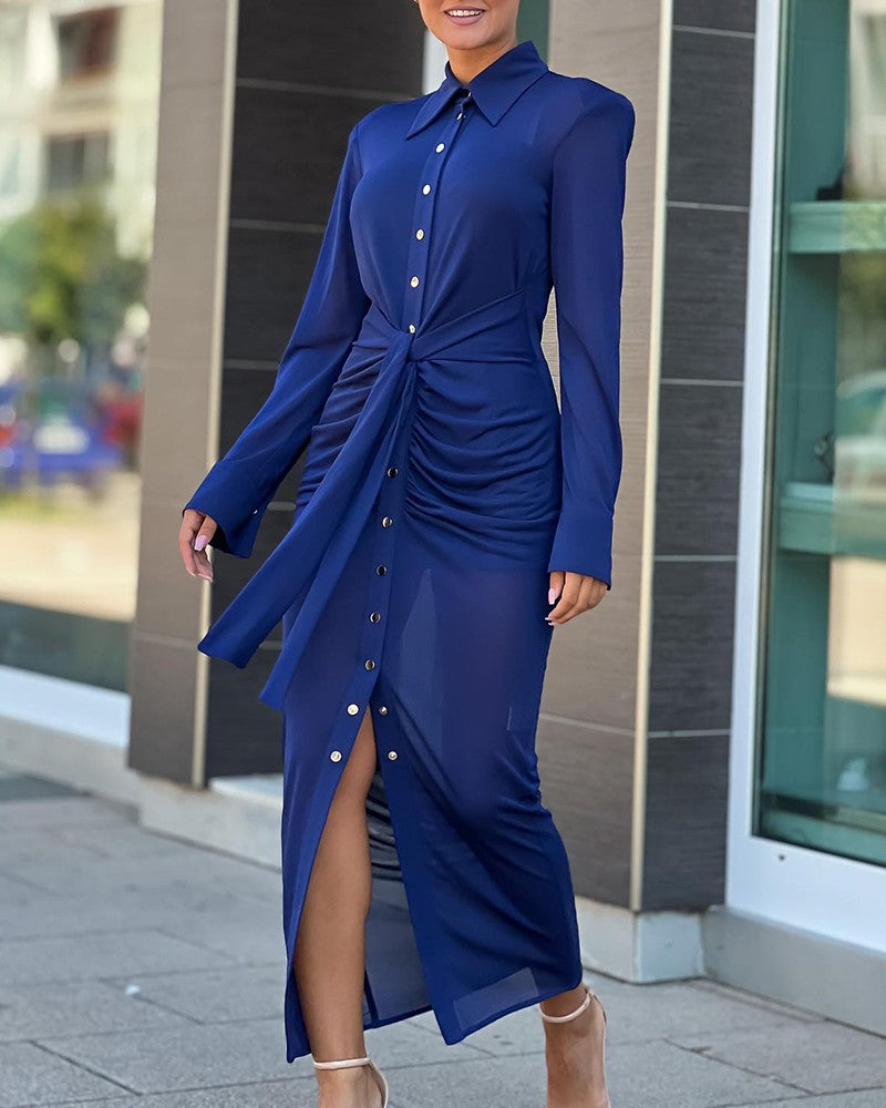 Buttoned Tied Detail Ruched Long Sleeve Dress