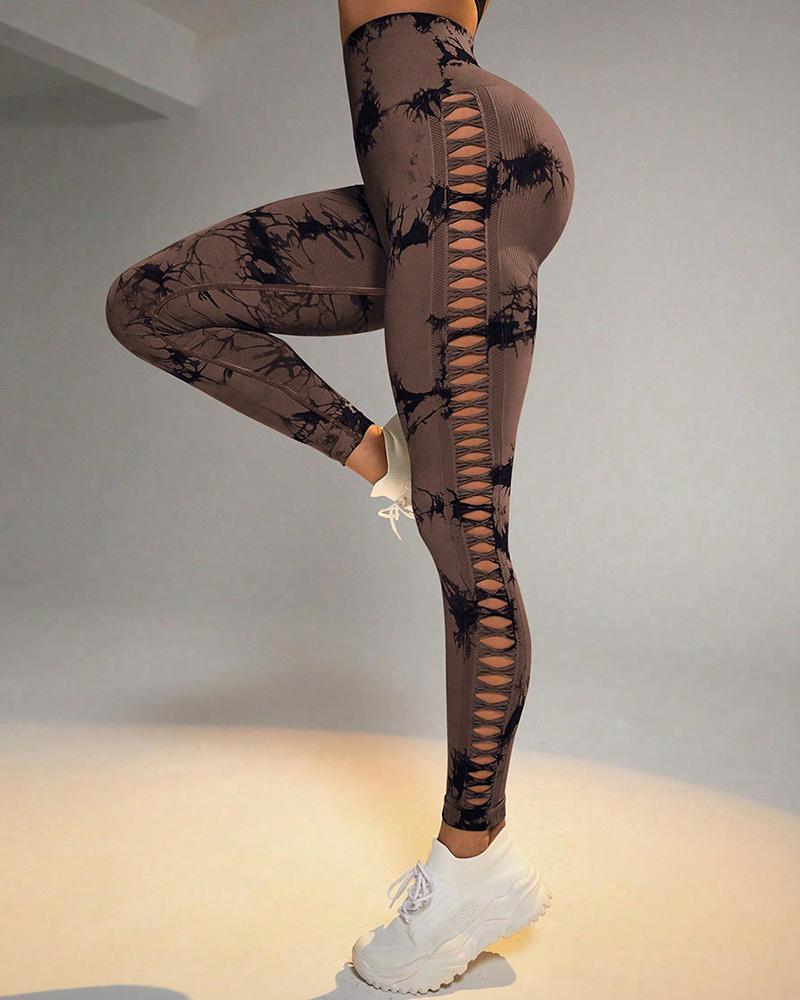 Tie Dye Print Ladder Cutout Sports Yoga Leggings