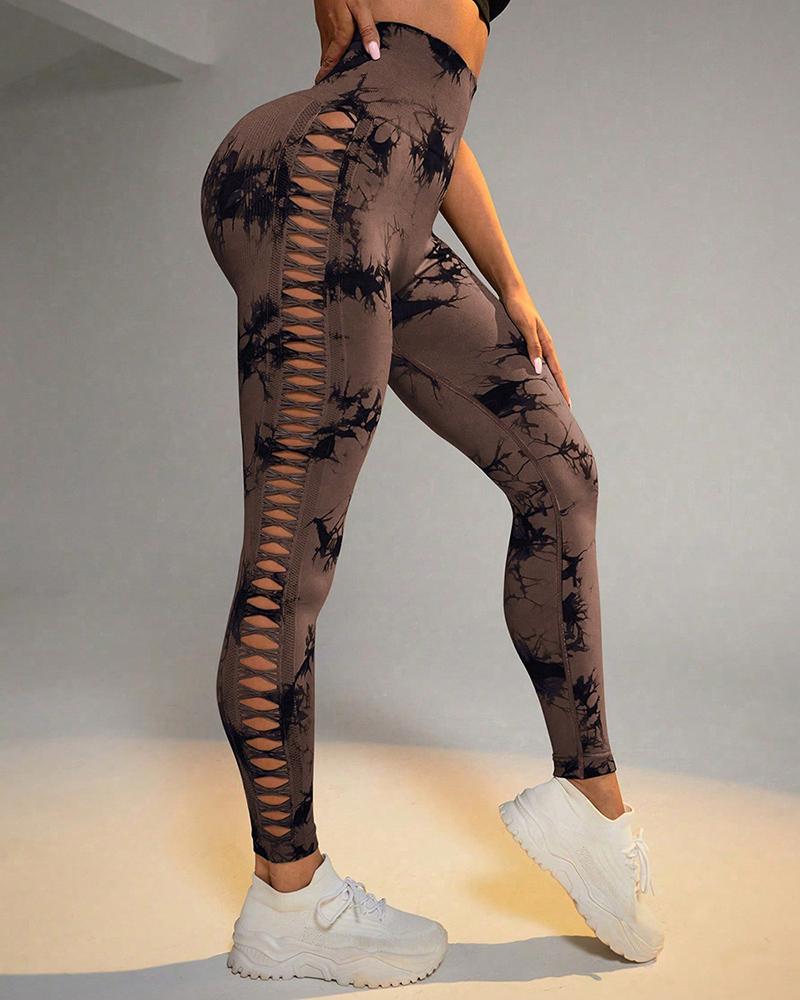 Tie Dye Print Ladder Cutout Sports Yoga Leggings