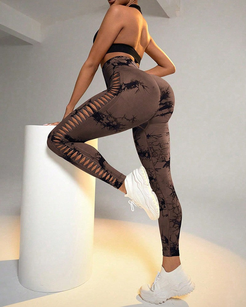 Tie Dye Print Ladder Cutout Sports Yoga Leggings