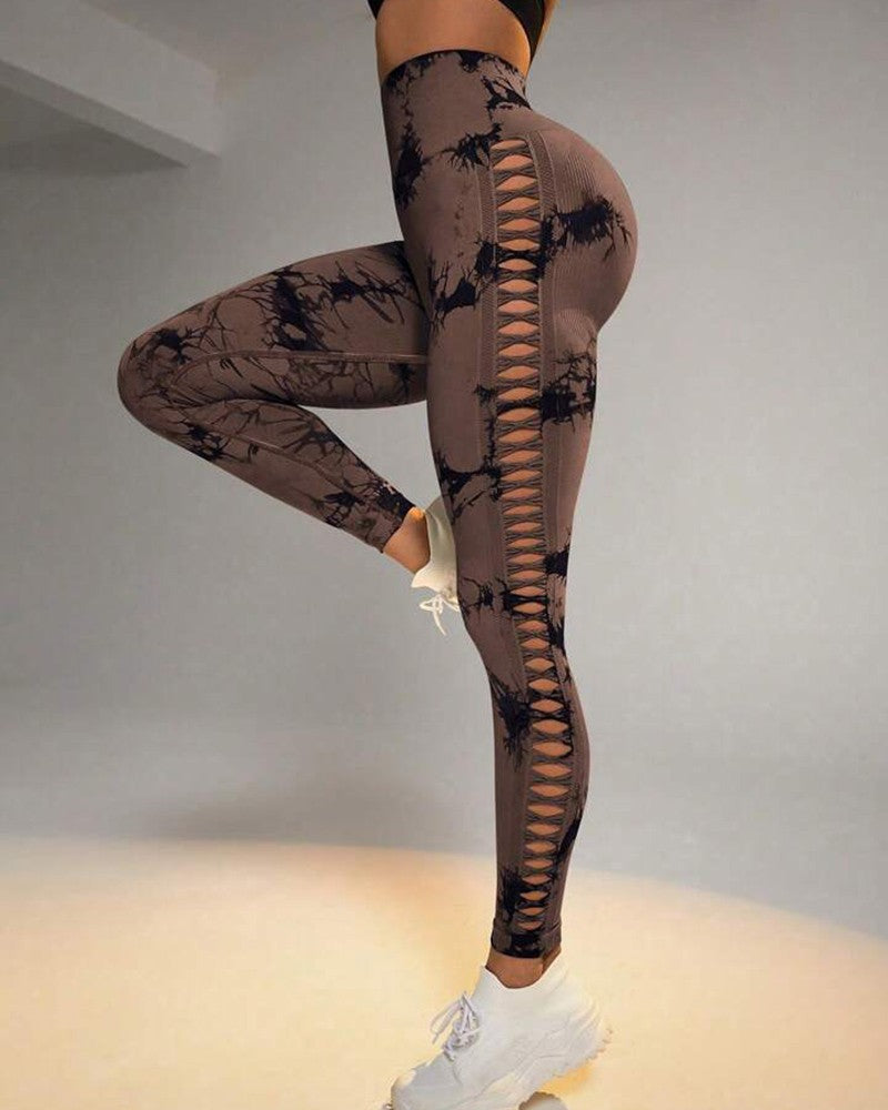 Tie Dye Print Ladder Cutout Sports Yoga Leggings