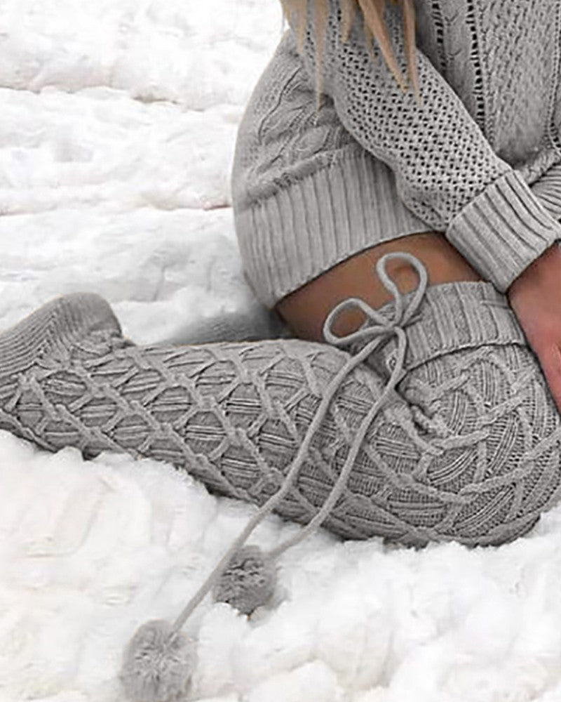 1Pair Braided Bowknot Decor Skinny Long Socks