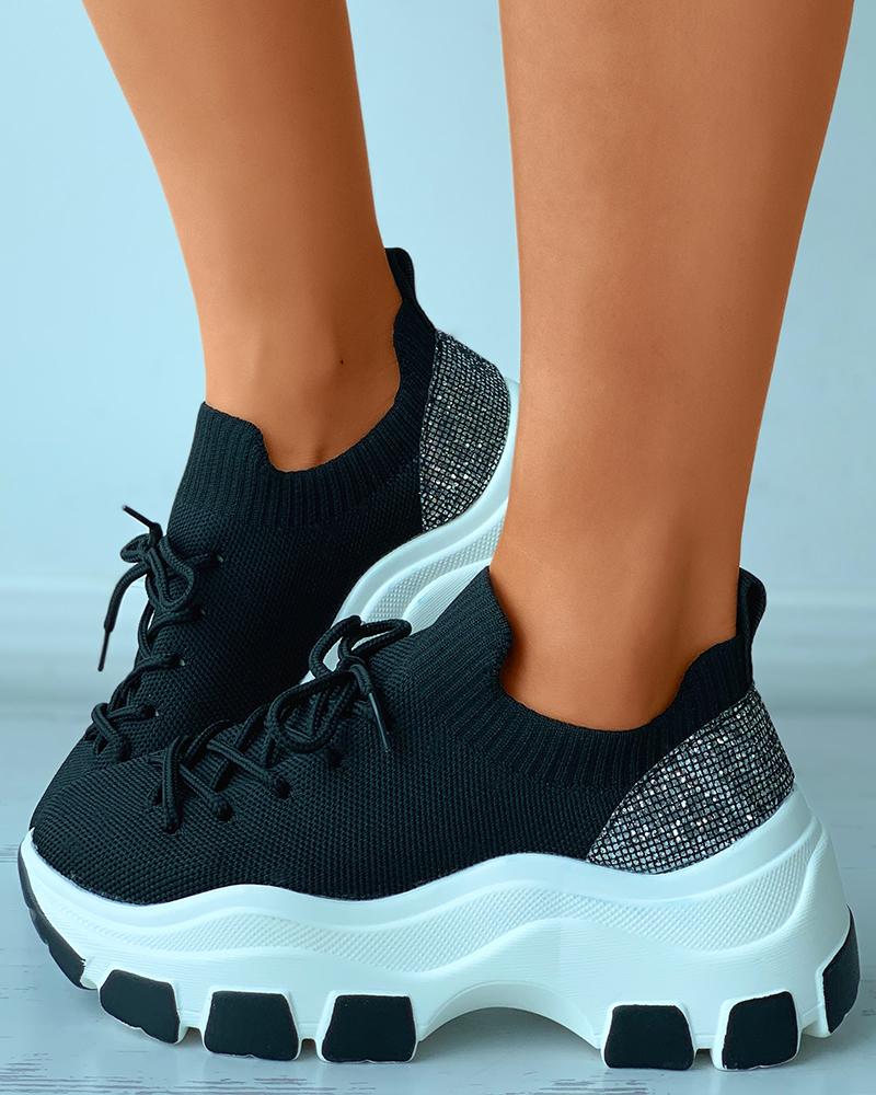 Colorblock Sequins Patch Knit Lace up Sneakers