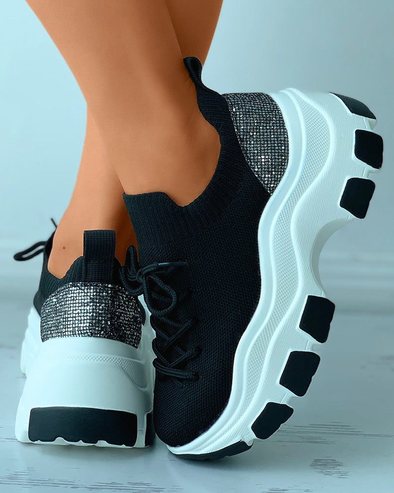 Colorblock Sequins Patch Knit Lace up Sneakers