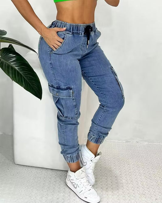 Pocket Design Drawstring Cuffed Jeans
