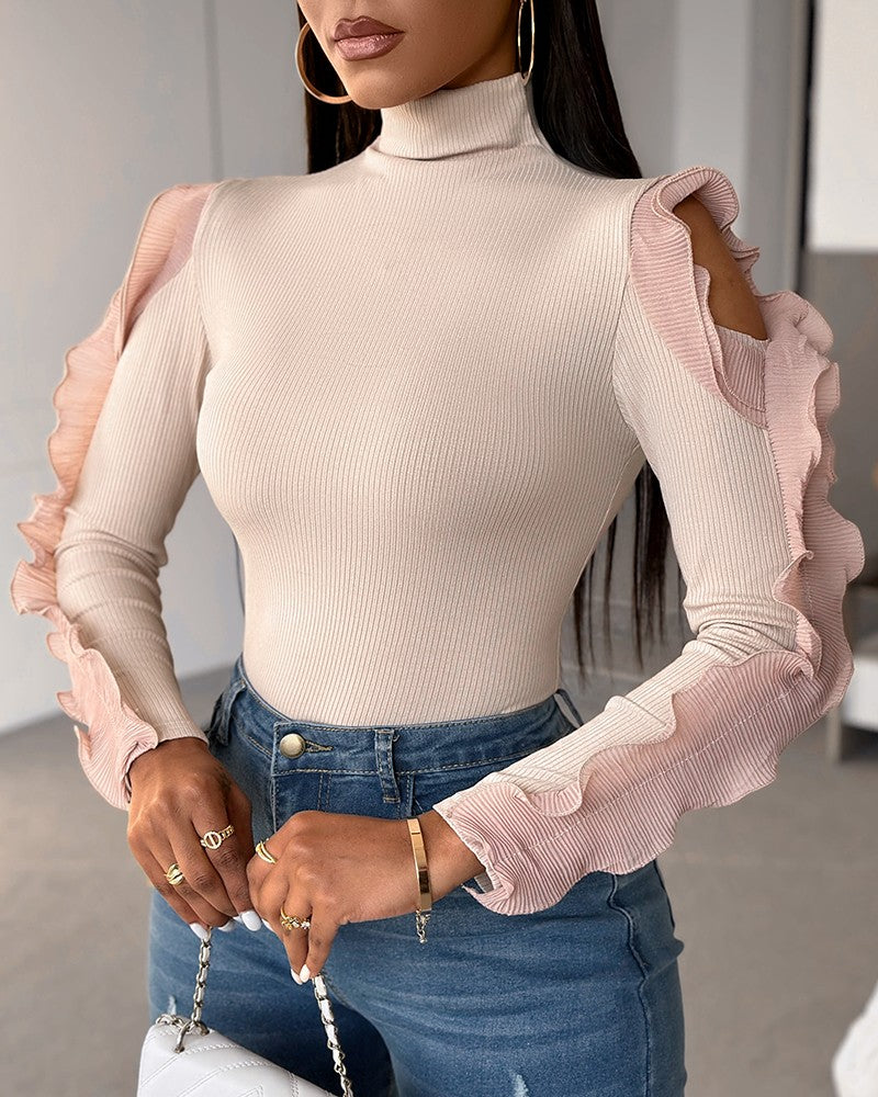 Hollow Out Ruffle Hem Sleeve Top
