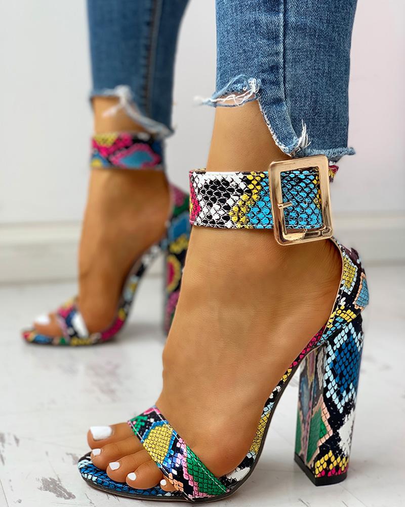 Snakeskin Print Ankle Buckled Chunky Heels