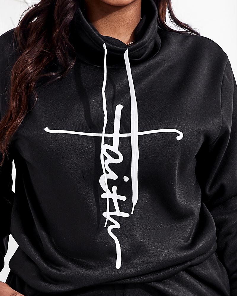 Plus Size Letter Print Long Sleeve Hoodie & Pants Set